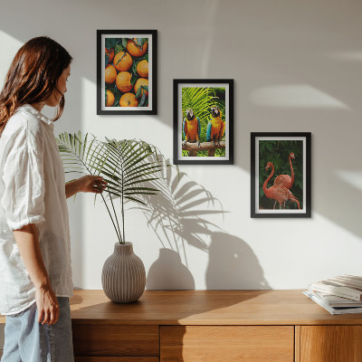 Posterpaket Fruktiga accenter med papegojor och flamingos i tropikerna