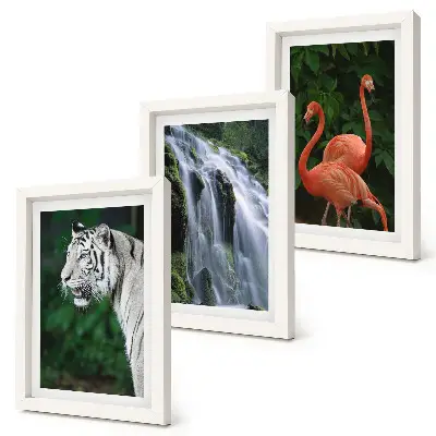 Triptyk tavla med ram med motiv av tigervattenfall och rosa flamingos i naturen