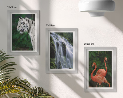 Triptyk tavla med ram Tigervattenfall och rosa flamingos i naturen