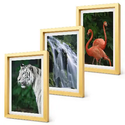 Triptyk tavla med ram med motiv av tigervattenfall och rosa flamingos i naturen