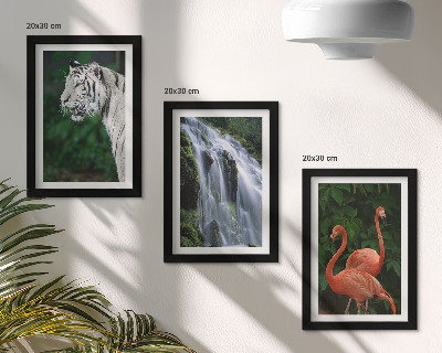 Triptyk tavla med ram Tigervattenfall och rosa flamingos i naturen