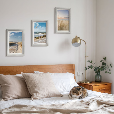 Posterpaket Strand med sand, vågor, himmel och fåglar i flykt