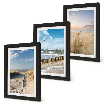 Posterpaket Strand med sand, vågor, himmel och fåglar i flykt