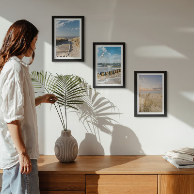 Posterpaket Strand med sand, vågor, himmel och fåglar i flykt