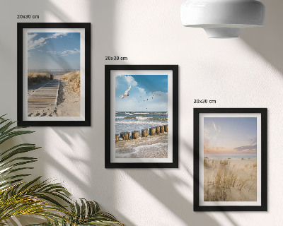 Posterpaket Strand med sand, vågor, himmel och fåglar i flykt