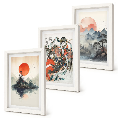 Triptyk tavla med ram Asiatiska landskapsmålningar och porträtt i Japandi-stil