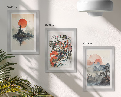Triptyk tavla med ram Asiatiska landskapsmålningar och porträtt i Japandi-stil