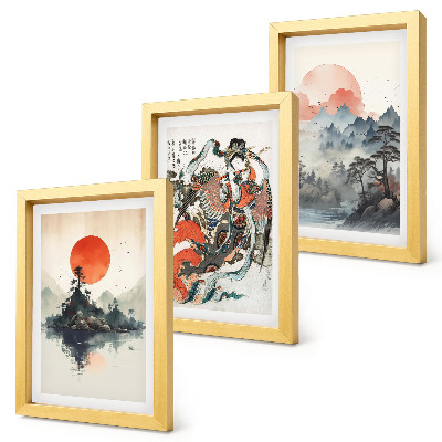 Triptyk tavla med ram Asiatiska landskapsmålningar och porträtt i Japandi-stil