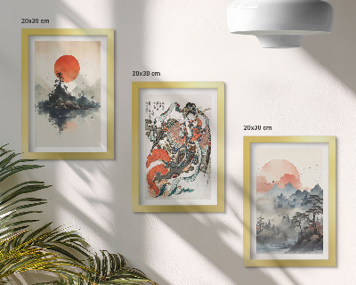 Triptyk tavla med ram Asiatiska landskapsmålningar och porträtt i Japandi-stil