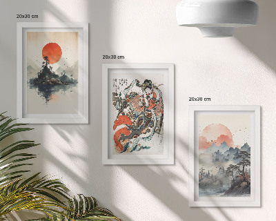 Triptyk tavla med ram Asiatiska landskapsmålningar och porträtt i Japandi-stil