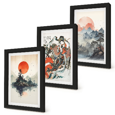 Triptyk tavla med ram Asiatiska landskapsmålningar och porträtt i Japandi-stil