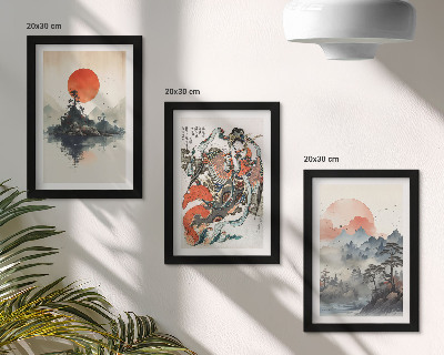 Triptyk tavla med ram Asiatiska landskapsmålningar och porträtt i Japandi-stil