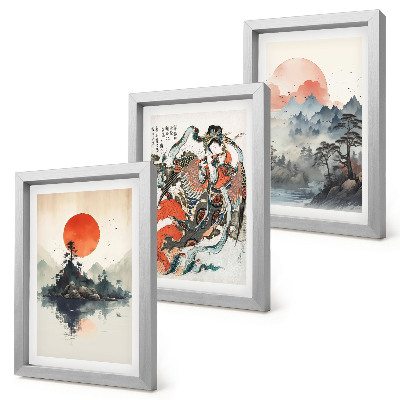 Triptyk tavla med ram Asiatiska landskapsmålningar och porträtt i Japandi-stil