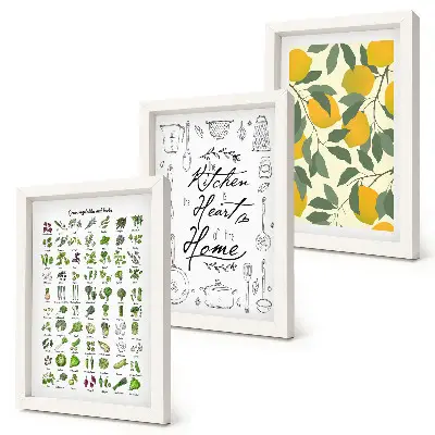 Posterpaket med lista över örter, köksskylt och målade citroner