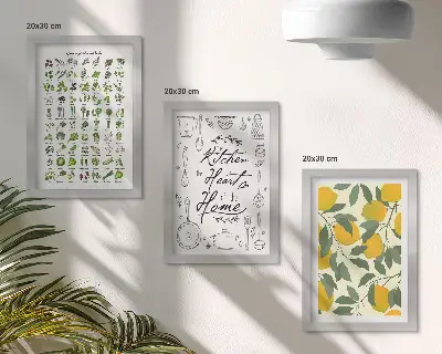 Posterpaket med lista över örter, köksskylt och målade citroner