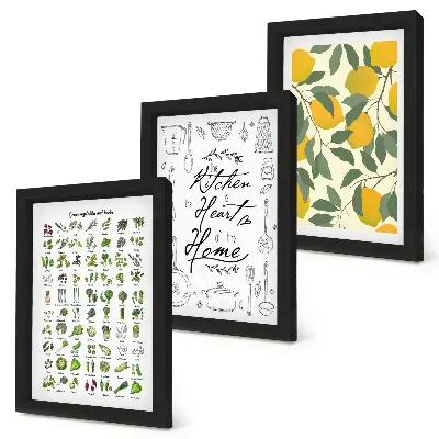 Posterpaket med lista över örter, köksskylt och målade citroner