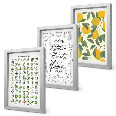 Posterpaket med lista över örter, köksskylt och målade citroner