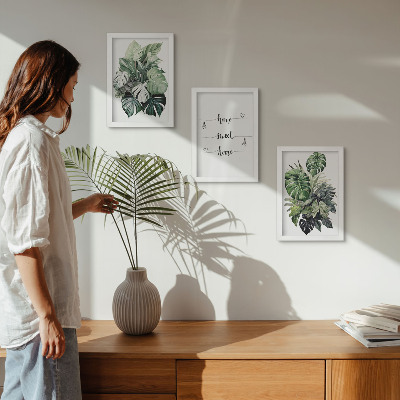 Tavelvägg med 3 tavlor Akvarell Monstera-löv Hem Ljuva Hem