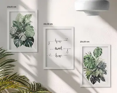 Tavelvägg med 3 tavlor Akvarell Monstera motiv med hem ljuva hem