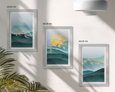 Posterpaket Abstrakta landskap av solvågor och flygande fåglar