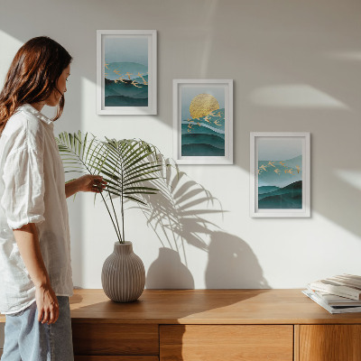 Posterpaket Abstrakta landskap av solvågor och flygande fåglar