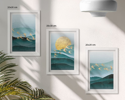 Posterpaket Abstrakta landskap av solvågor och flygande fåglar