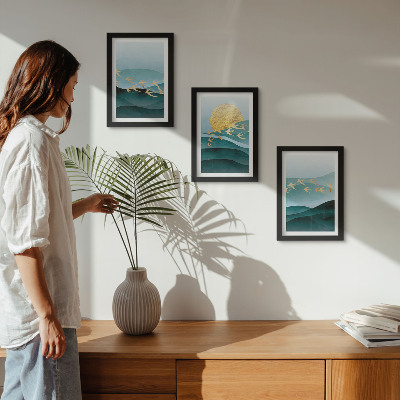Posterpaket Abstrakta landskap av solvågor och flygande fåglar