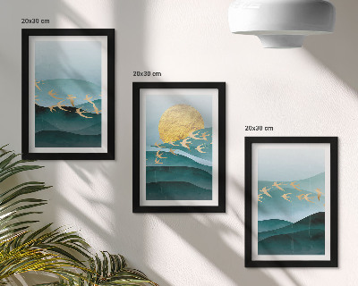 Posterpaket Abstrakta landskap av solvågor och flygande fåglar