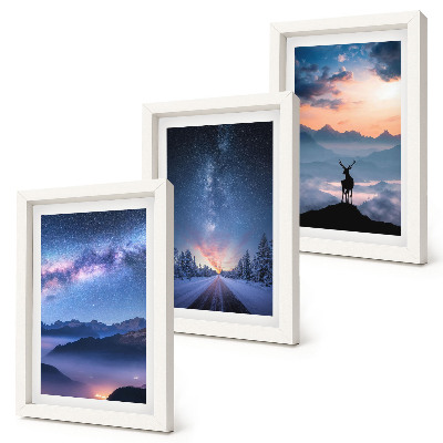 Triptyk tavla med ram Natthimmel, berg, landskap i dimma och rådjur