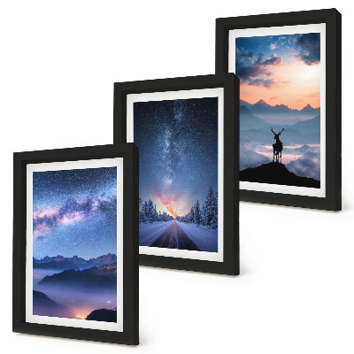Triptyk tavla med ram Natthimmel, berg, landskap i dimma och rådjur