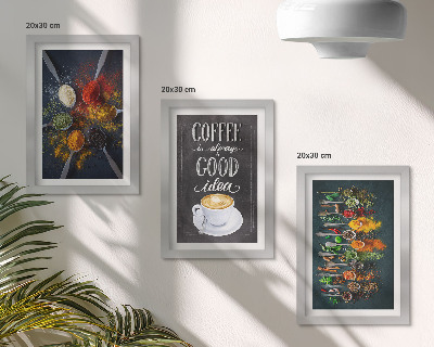 Triptyk tavla med ram Kryddor kaffe med en kopp köksörter mönster
