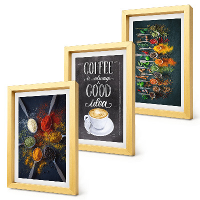 Triptyk tavla med ram Kryddor kaffe med en kopp köksörter mönster