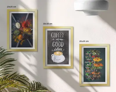 Triptyk med ram tavla med motiv av kryddor, kaffe och köksörter