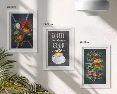 Triptyk med ram tavla med motiv av kryddor, kaffe och köksörter