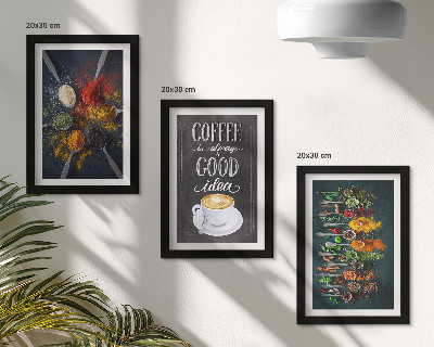 Triptyk tavla med ram Kryddor kaffe med en kopp köksörter mönster