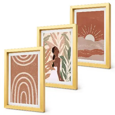 Tavelvägg med 3 tavlor boho-tema med abstrakta former och illustrationer