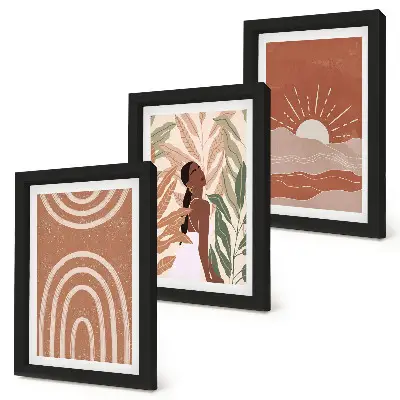 Tavelvägg med 3 tavlor boho-tema med abstrakta former och illustrationer