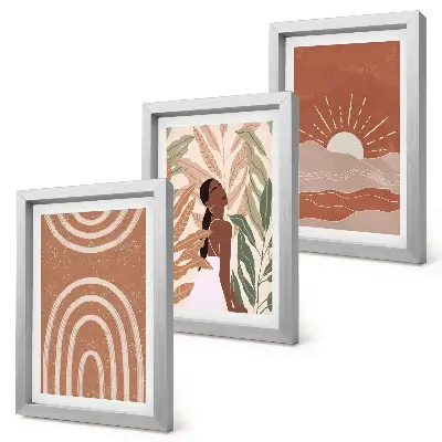Tavelvägg med 3 tavlor boho-tema med abstrakta former och illustrationer