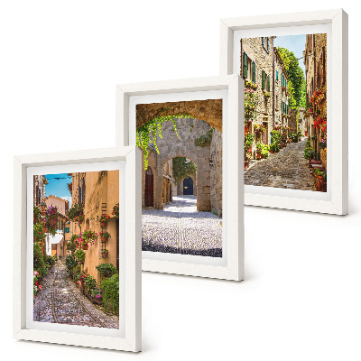 Triptyk tavla med ram Italienska gator med blommor och landskapsarkitektur
