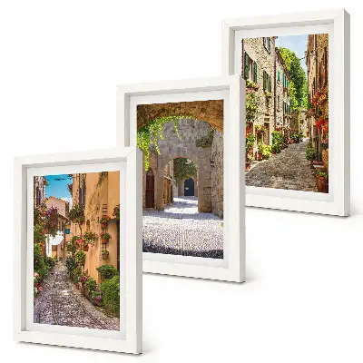 Triptyk med italienska gator tavlor med blommig landskapsarkitektur och ram