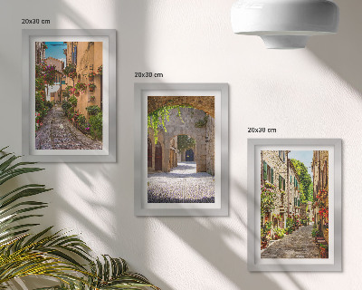 Triptyk tavla med ram Italienska gator med blommor och landskapsarkitektur