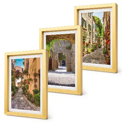 Triptyk med italienska gator tavlor med blommig landskapsarkitektur och ram