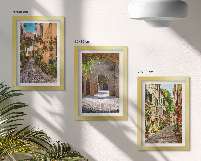 Triptyk tavla med ram Italienska gator med blommor och landskapsarkitektur