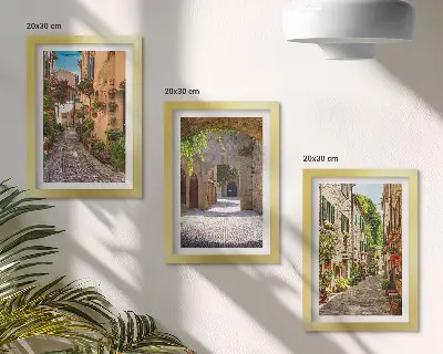 Triptyk med italienska gator tavlor med blommig landskapsarkitektur och ram