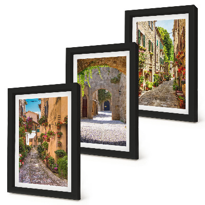 Triptyk tavla med ram Italienska gator med blommor och landskapsarkitektur