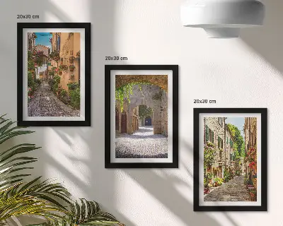 Triptyk med italienska gator tavlor med blommig landskapsarkitektur och ram