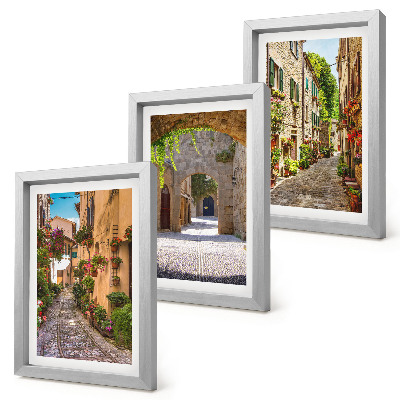 Triptyk tavla med ram Italienska gator med blommor och landskapsarkitektur