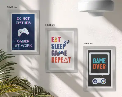 Tavelvägg med 3 tavlor med underhållningsrelaterade undertexter för spel