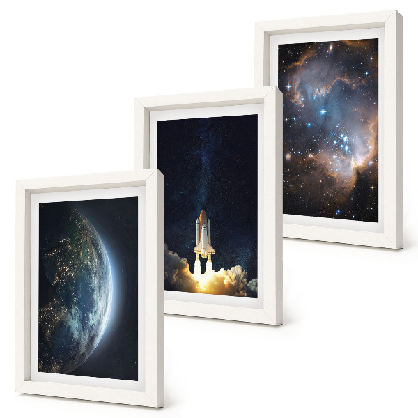 Triptyk tavla med ram Rymden Jorden Raket Galax Himmel Stjärnor