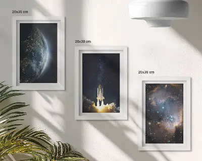 Triptyk med ram motiv av rymden med jordklotet, raket, galax och stjärnhimmel